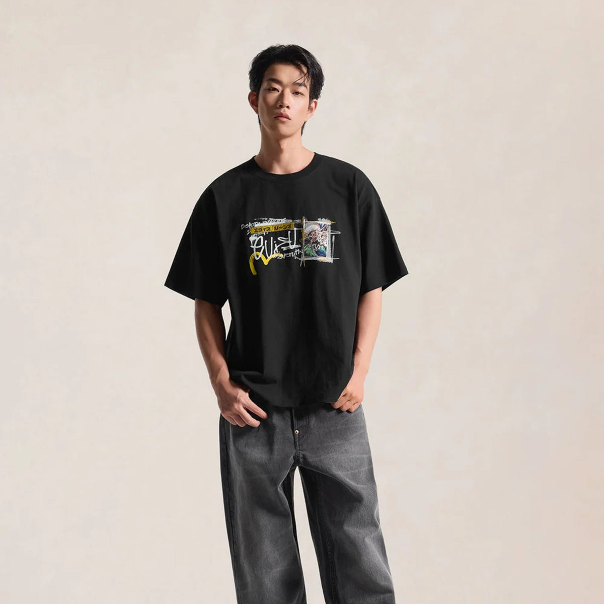 Evisu Handwriting Flying Dragon Emb. Tee Black