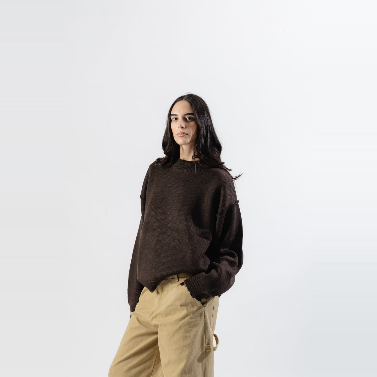 Mood-One Distressed Knit Sweater Brown